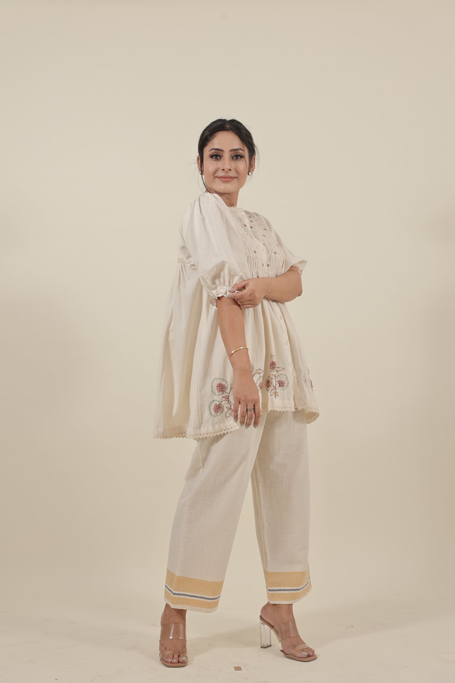 Ivory Hand embroidered with smocking short kurta set