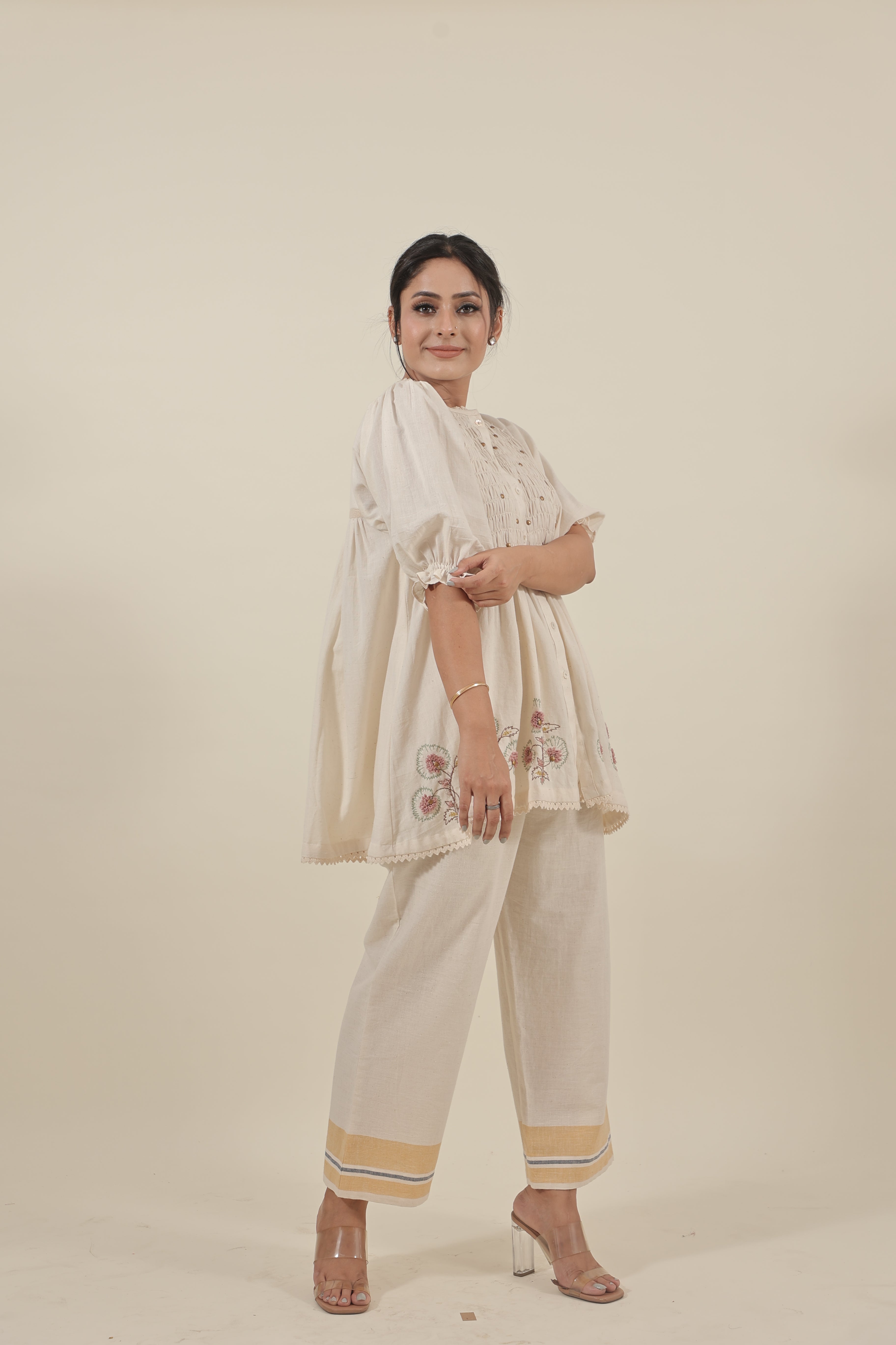 Ivory Hand embroidered with smocking short kurta set