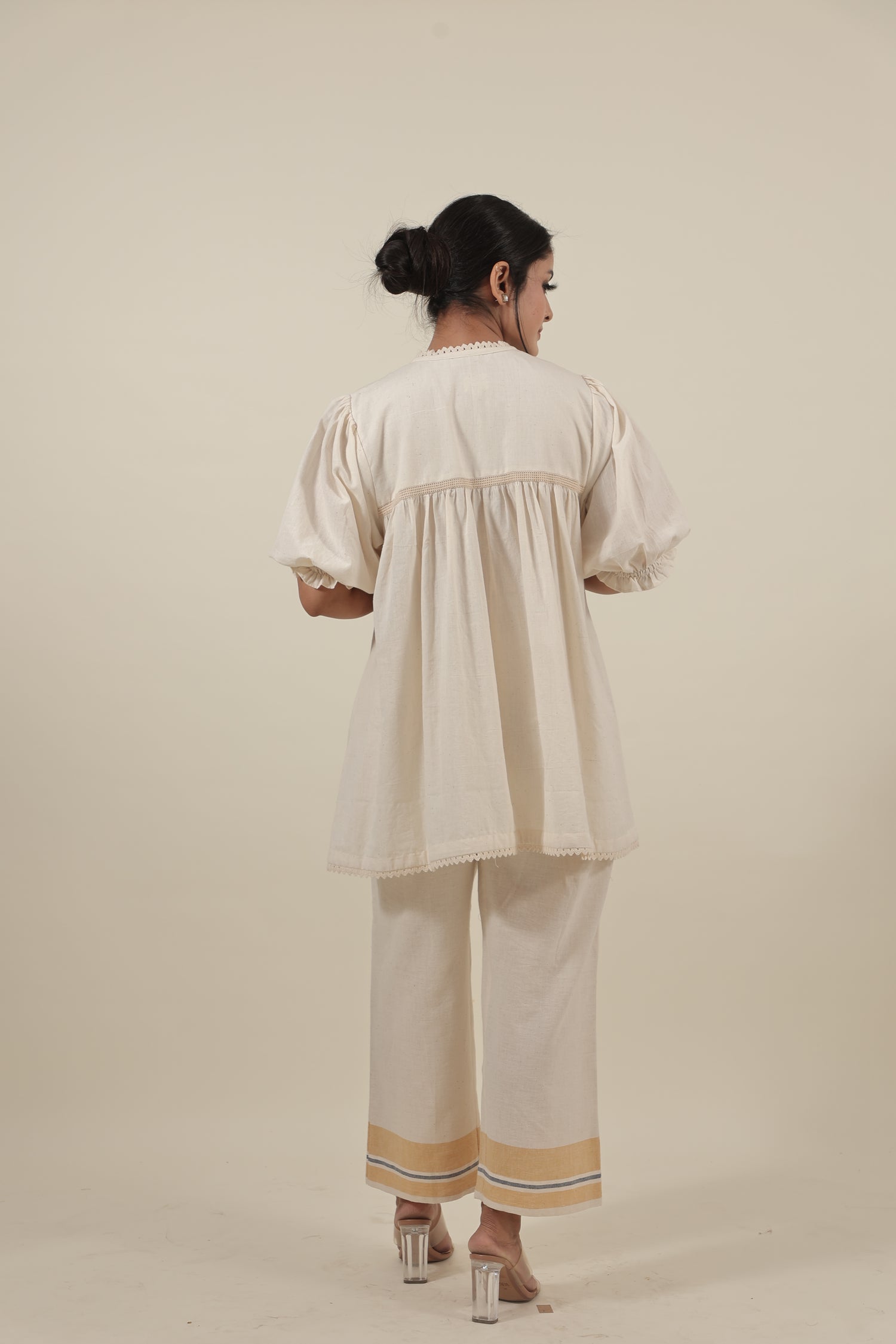 Ivory Hand embroidered with smocking short kurta set