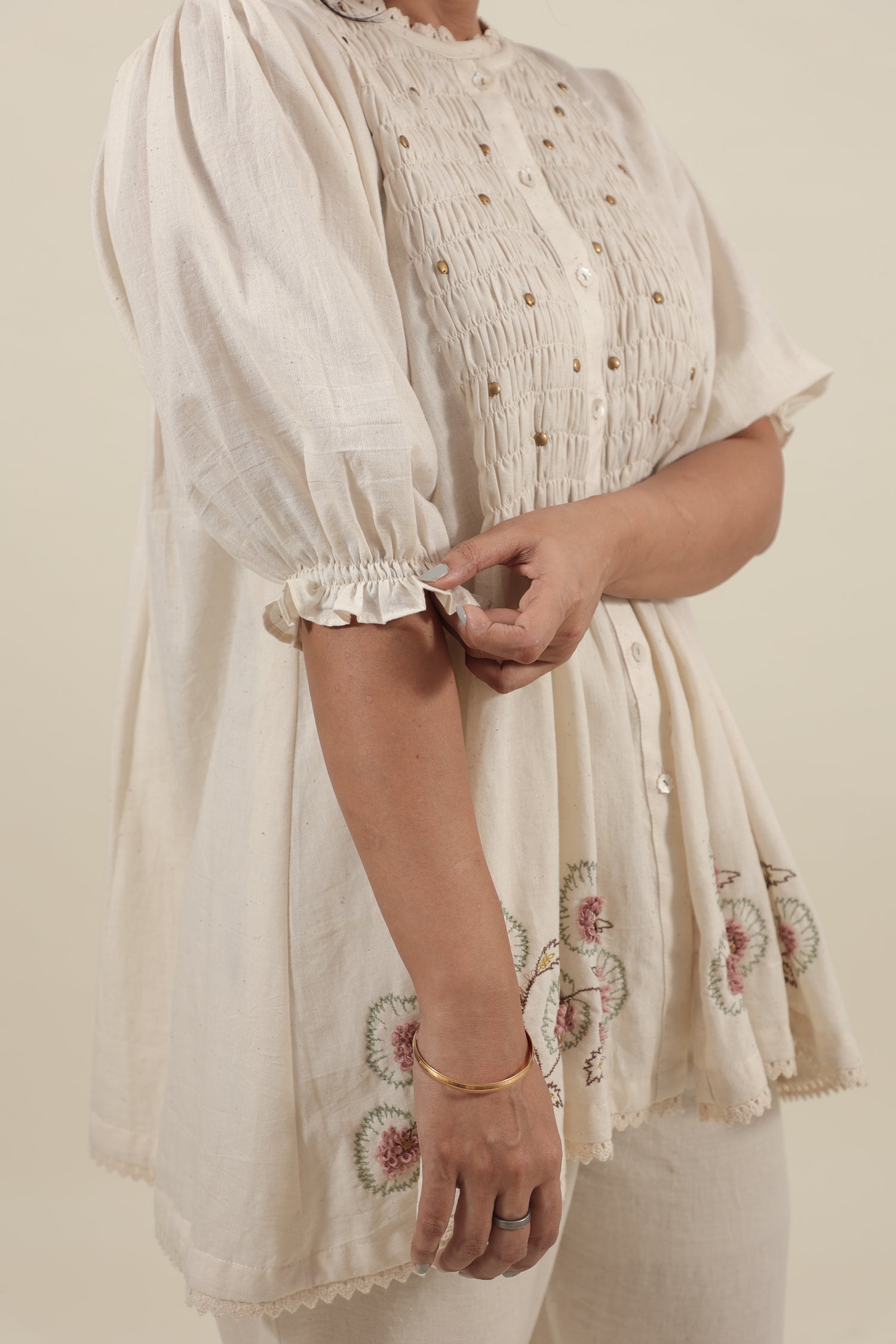 Ivory Hand embroidered with smocking short kurta set