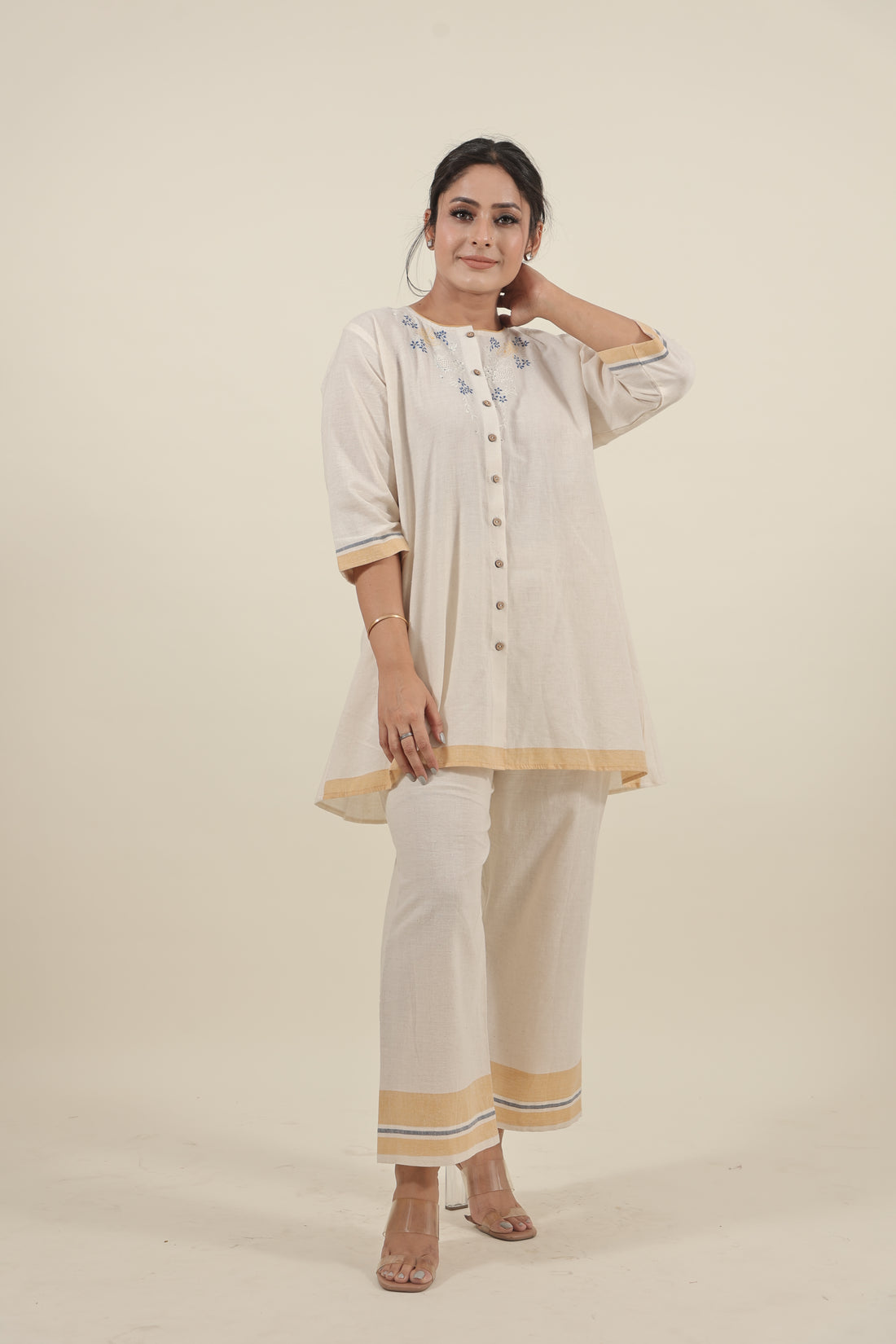 Ivory Chikankari with blue flowers kurta set