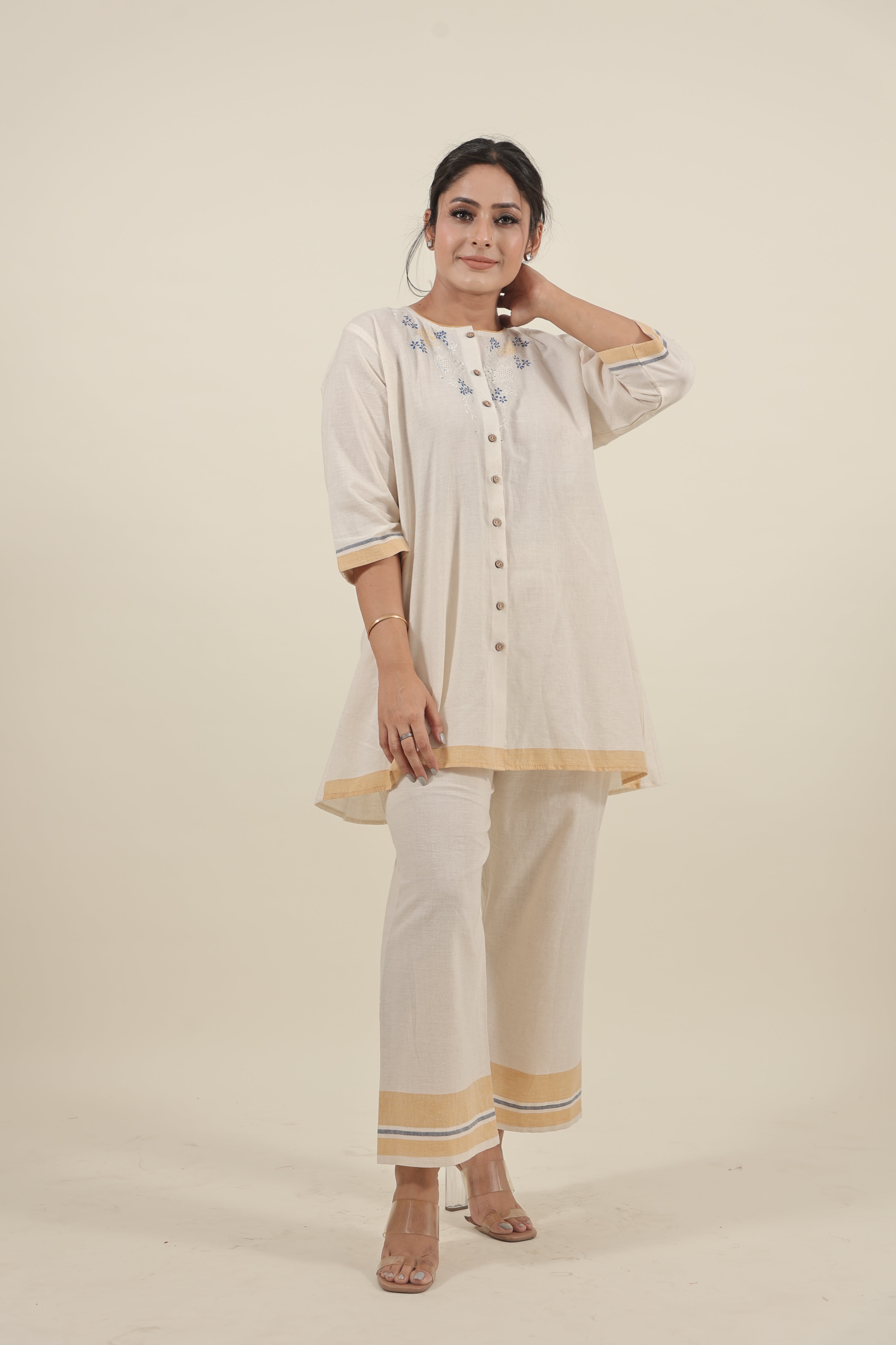Ivory Chikankari with blue flowers kurta set