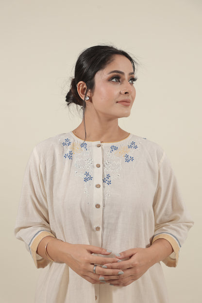 Ivory Chikankari with blue flowers kurta set