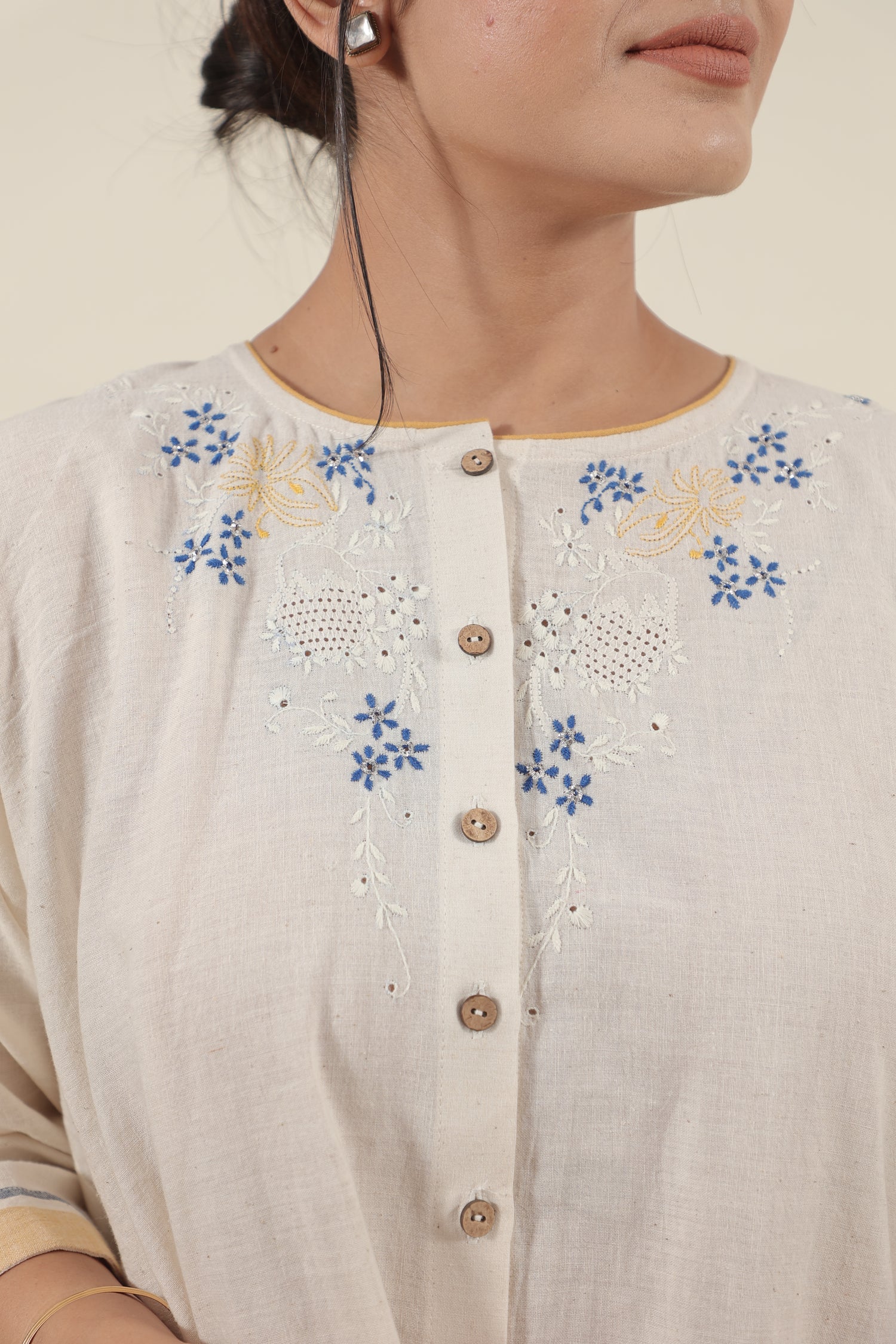 Ivory Chikankari with blue flowers kurta set