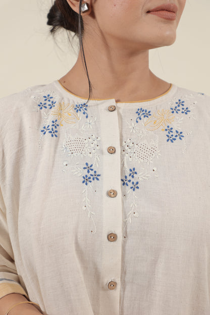 Ivory Chikankari with blue flowers kurta set