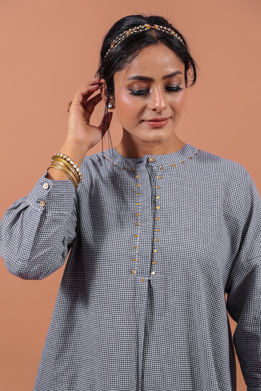 Indigo Checkered Kurta With Scalloped Pants