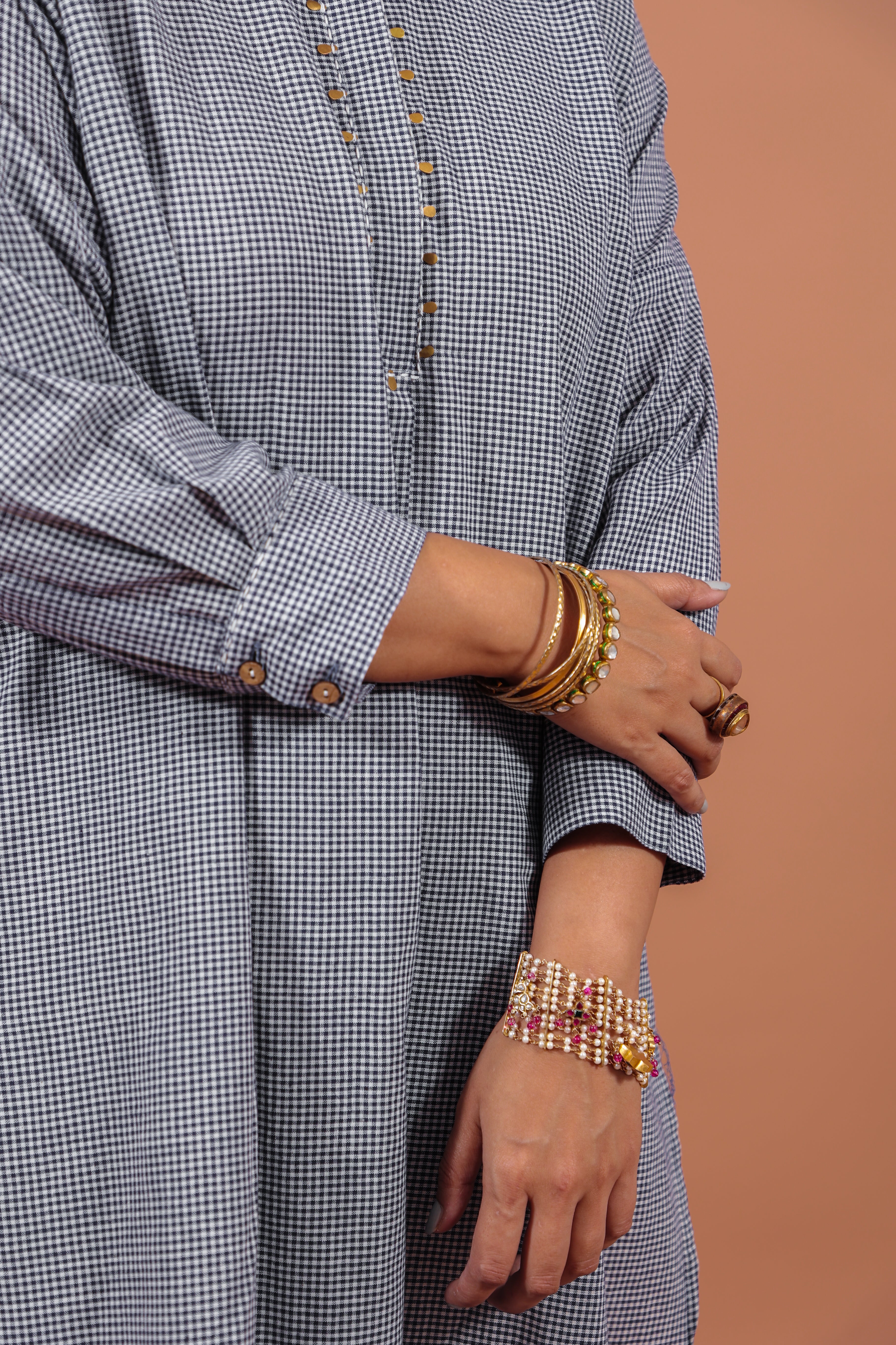 Indigo Checkered Kurta With Scalloped Pants