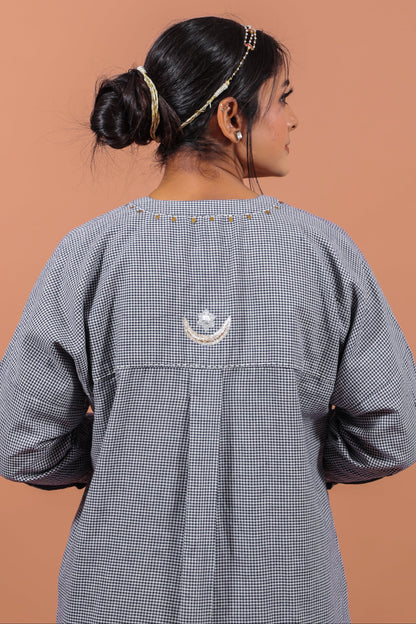 Indigo Checkered Kurta With Scalloped Pants