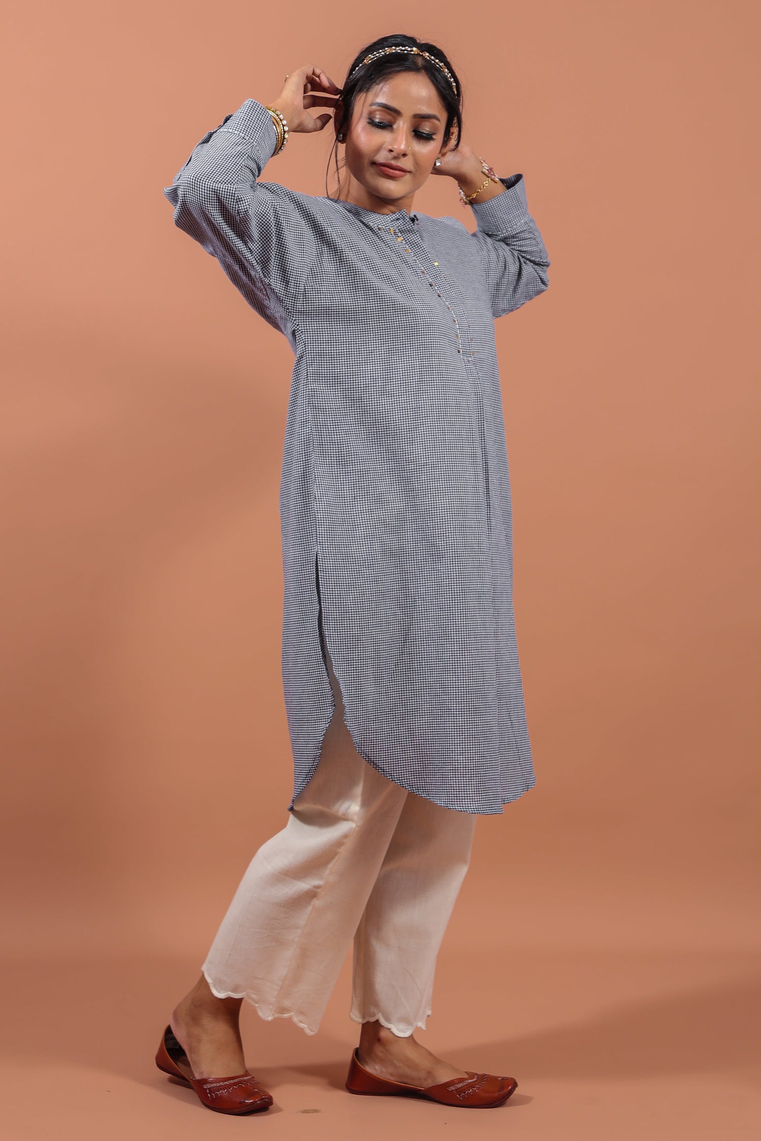 Indigo Checkered Kurta With Scalloped Pants