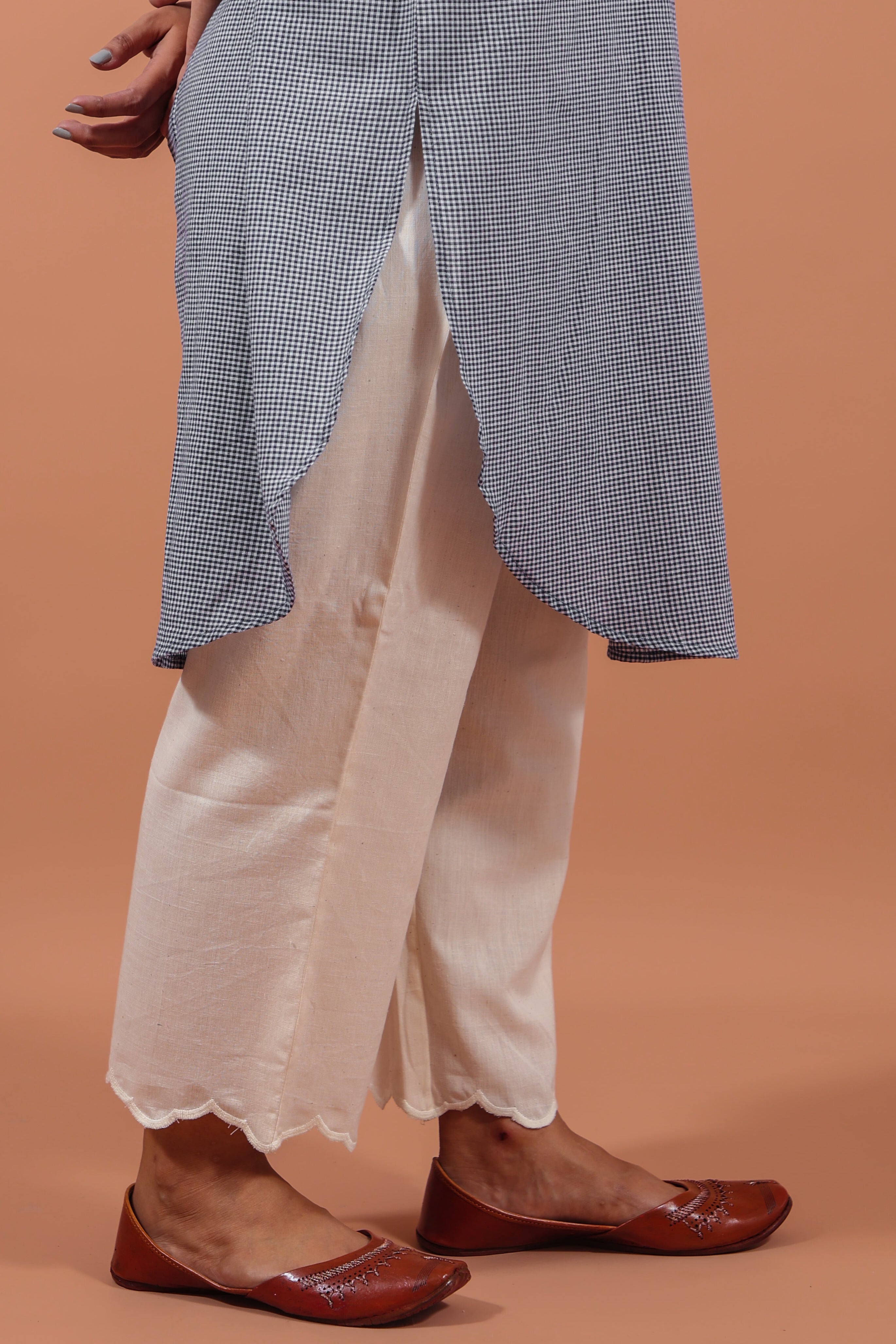 Indigo Checkered Kurta With Scalloped Pants