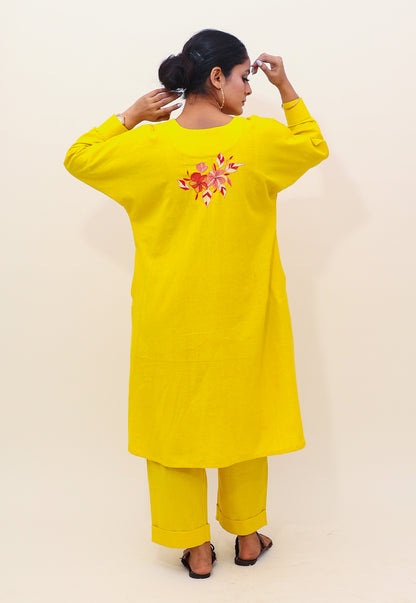 Solid Yellow Embroidered Choga Co-ord Set