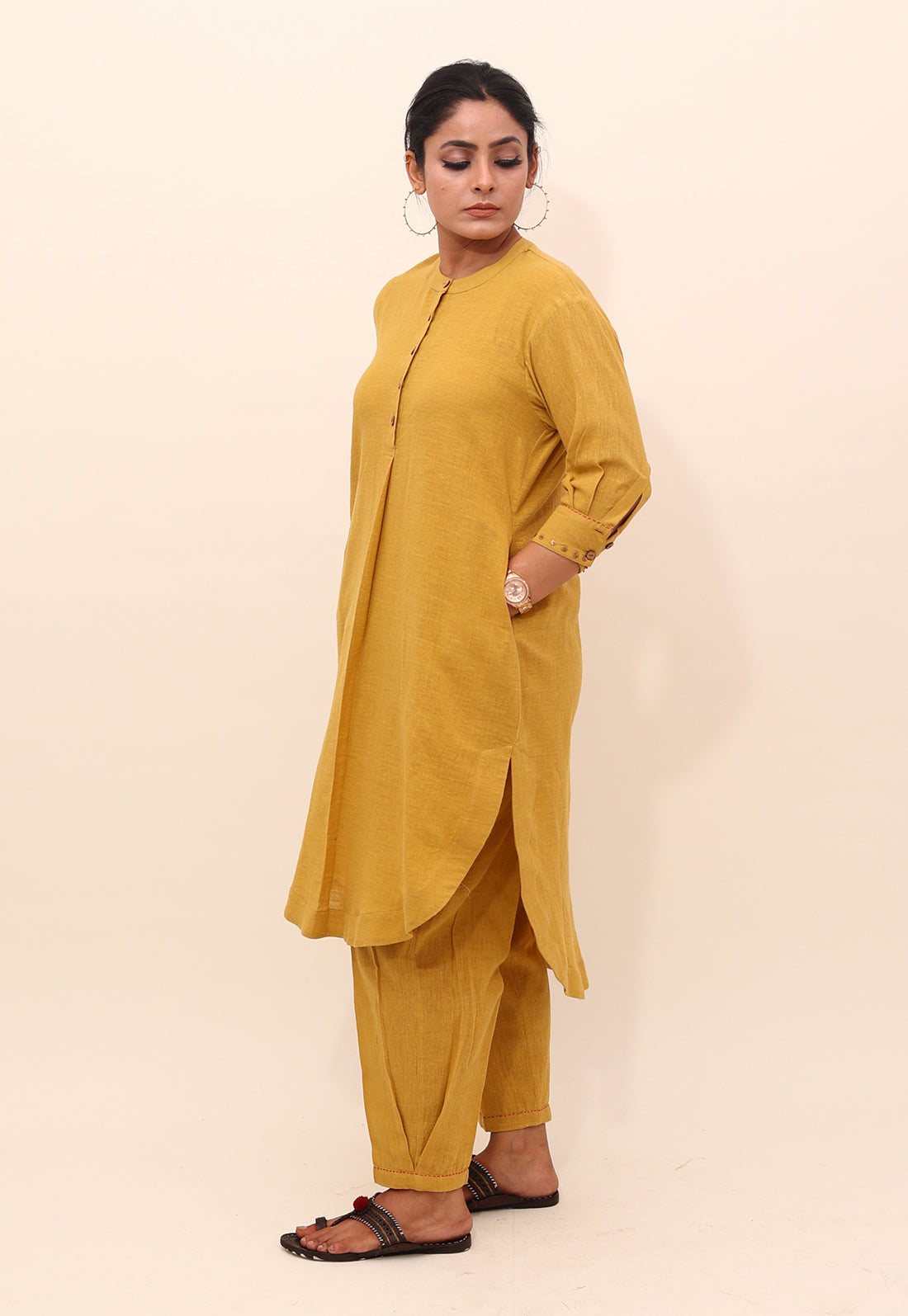 Solid Mustard Drop-Shoulder Embroidered Co-ord Set