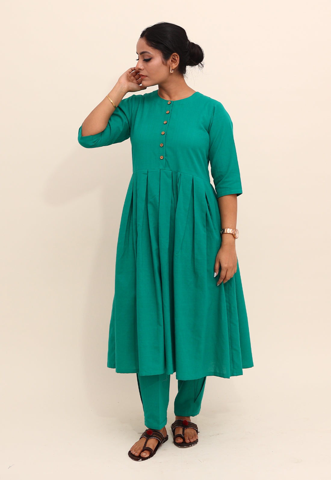 Solid Green Box-Pleated Co-ord Set