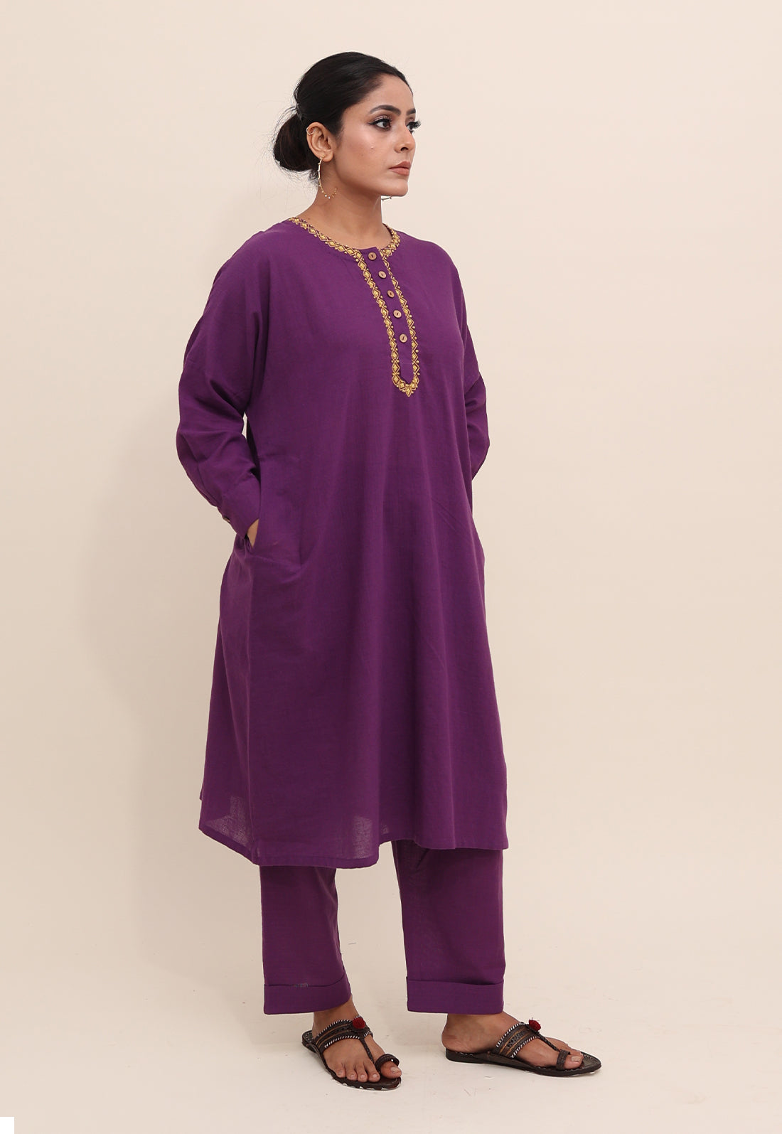 Solid Purple Embroidered Choga Co-ord Set