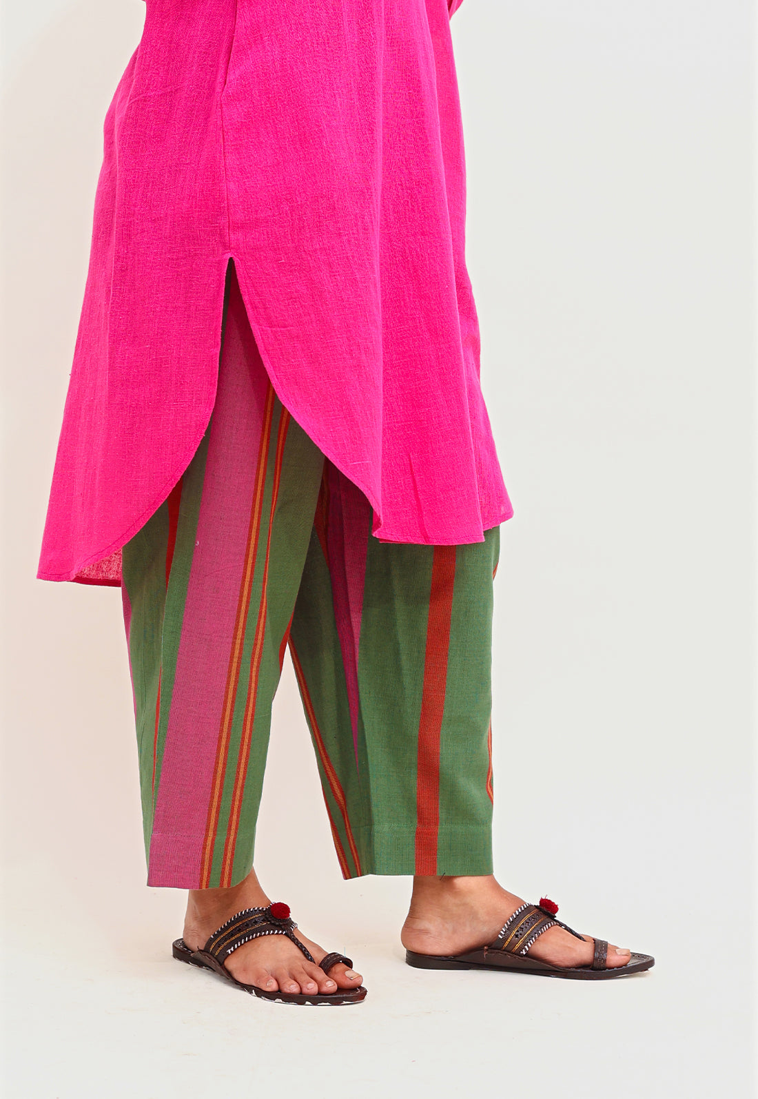 Solid Pink Drop-Shoulder Co-ord Set With Multicoloured Pants