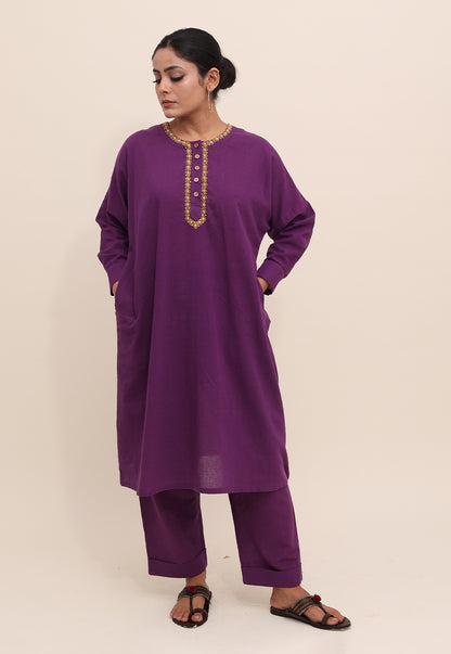 Solid Purple Embroidered Choga Co-ord Set