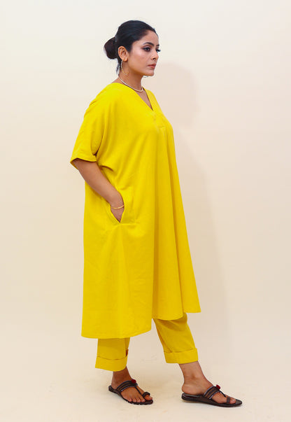 Solid Yellow V-Neck Co-ord Set