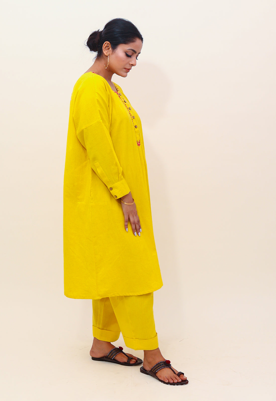 Solid Yellow Embroidered Choga Co-ord Set