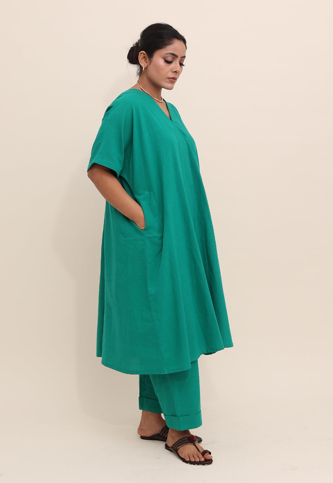 Solid Green V-Neck Co-ord Set