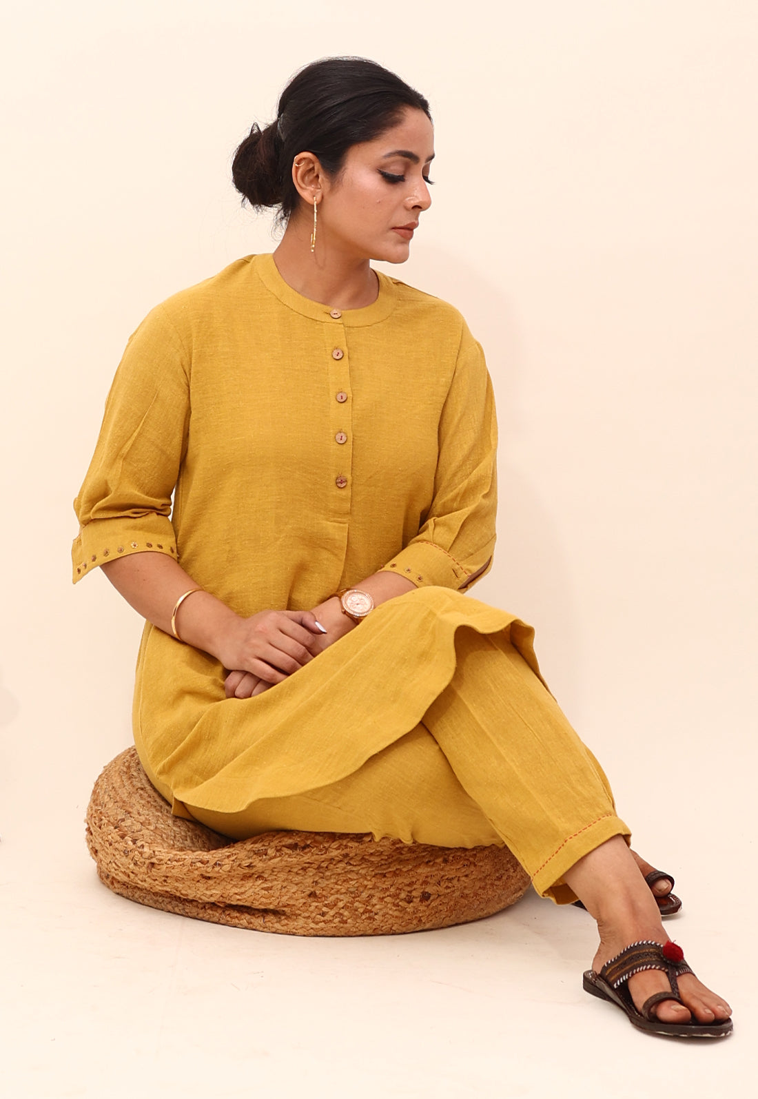 Solid Mustard Drop-Shoulder Embroidered Co-ord Set