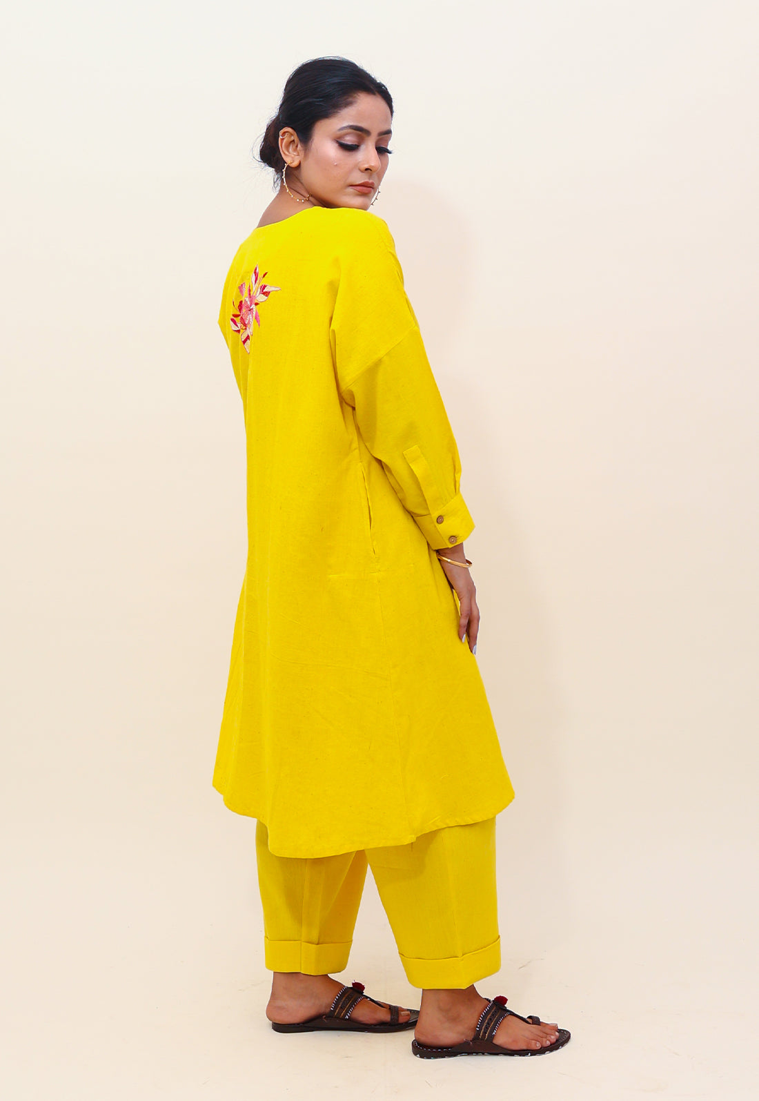 Solid Yellow Embroidered Choga Co-ord Set