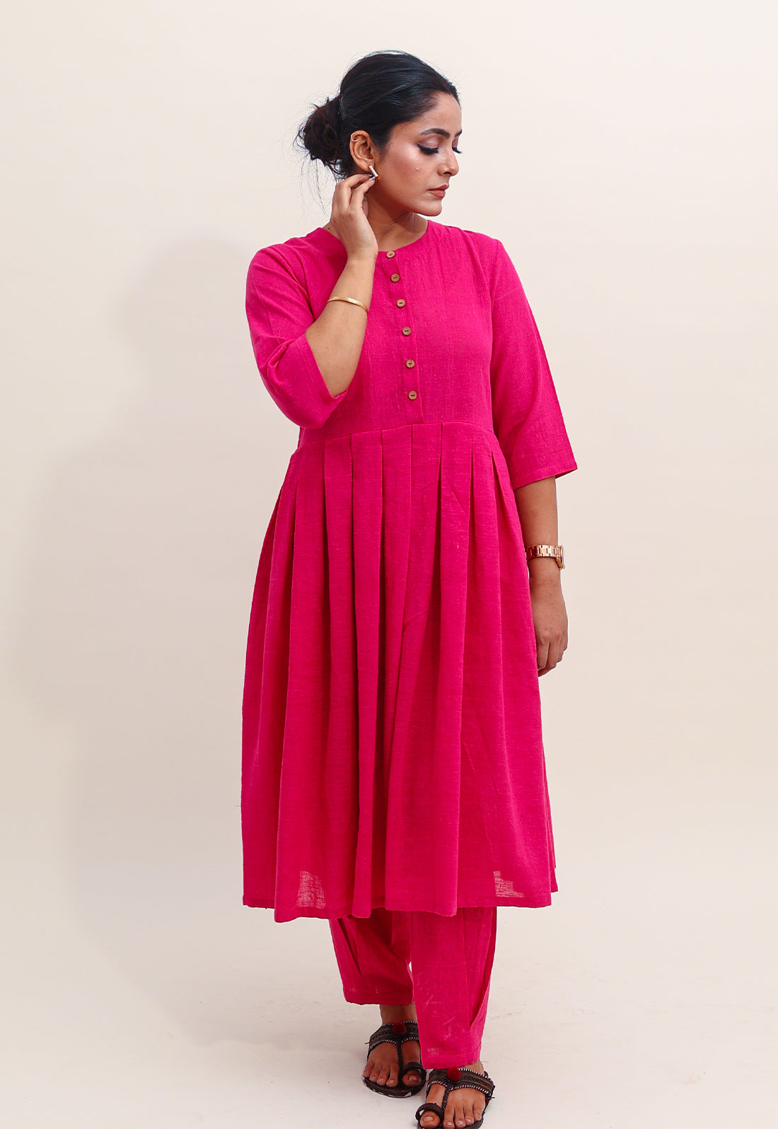 Solid Pink Box-Pleated Kurta