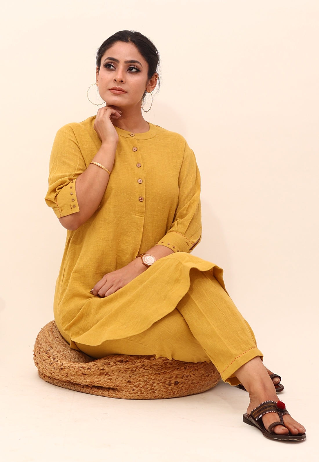 Solid Mustard Drop-Shoulder Embroidered Co-ord Set