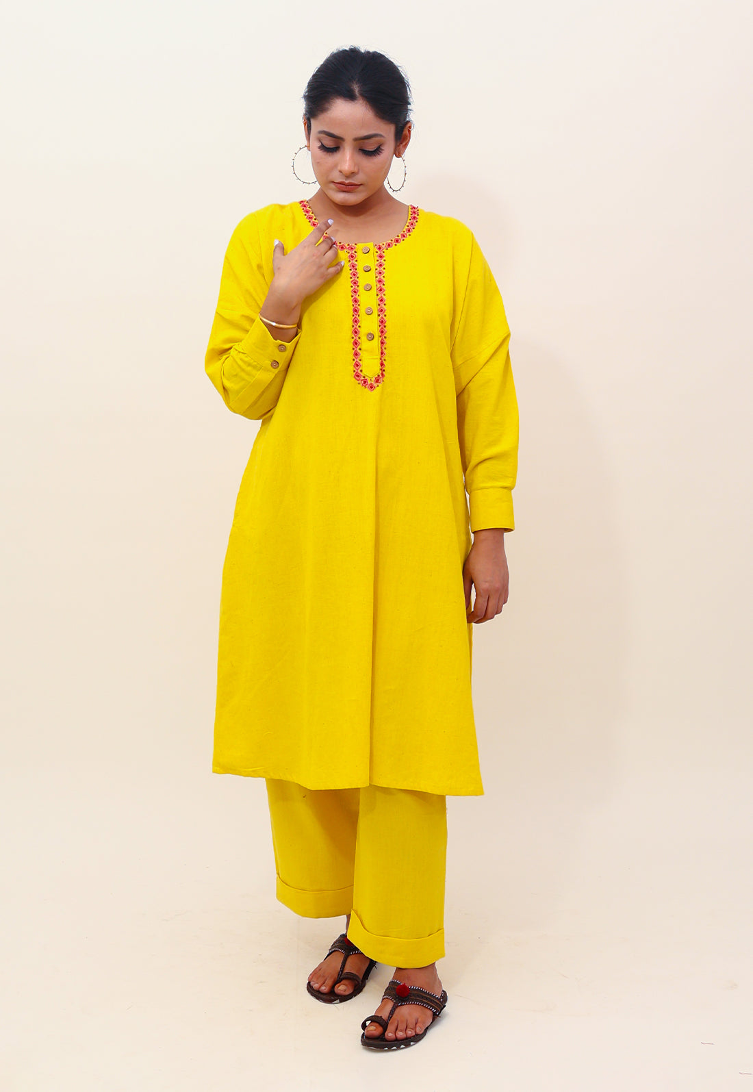 Solid Yellow Embroidered Choga Kurta