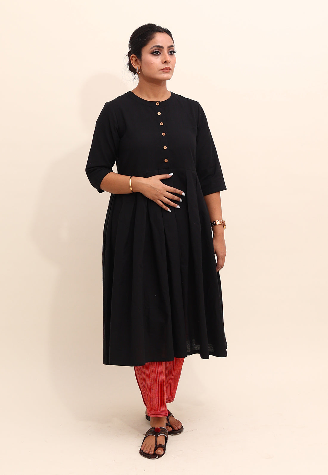 Solid Black V-Neck Kurta