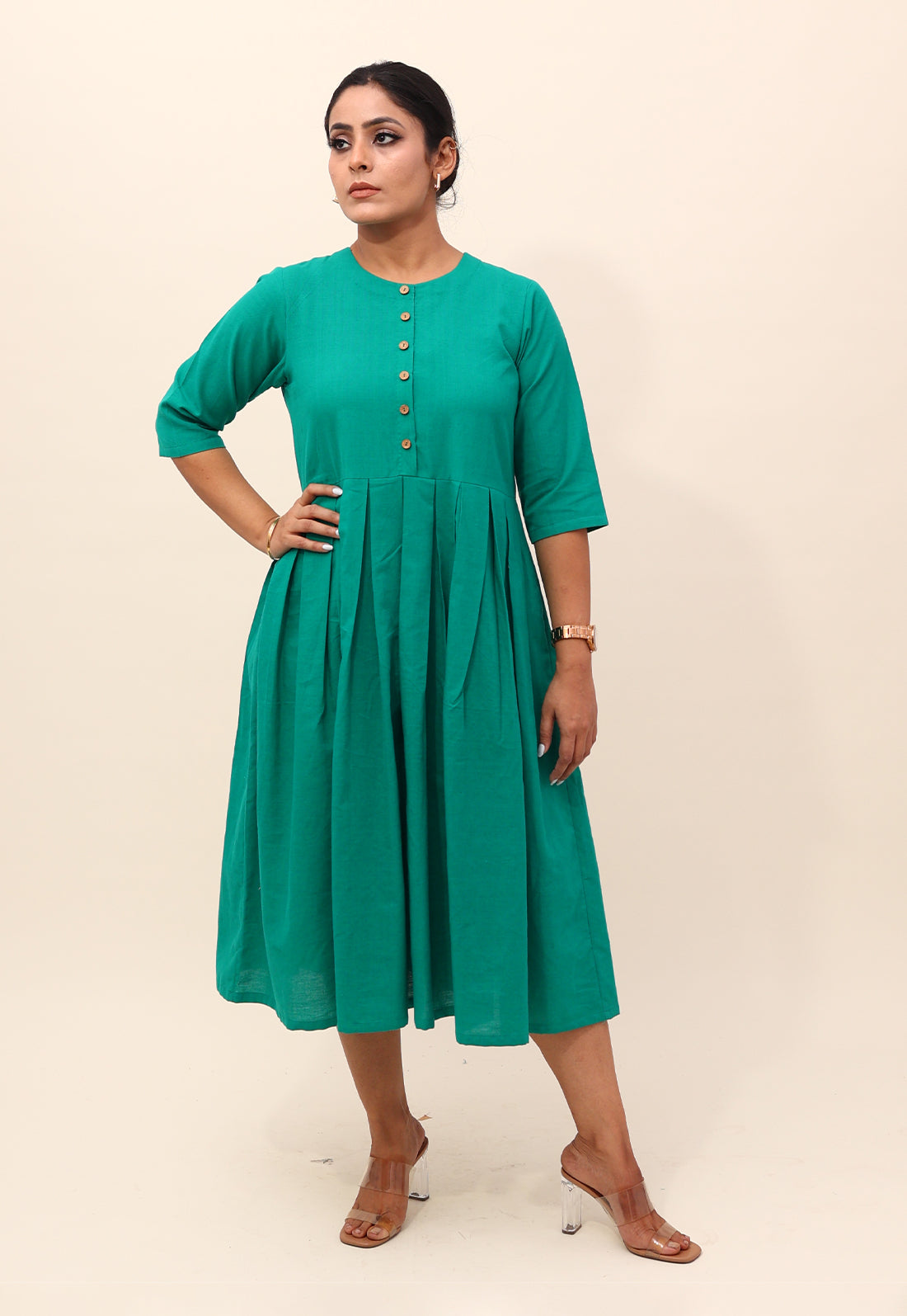 Solid Green Box-Pleated Dresses