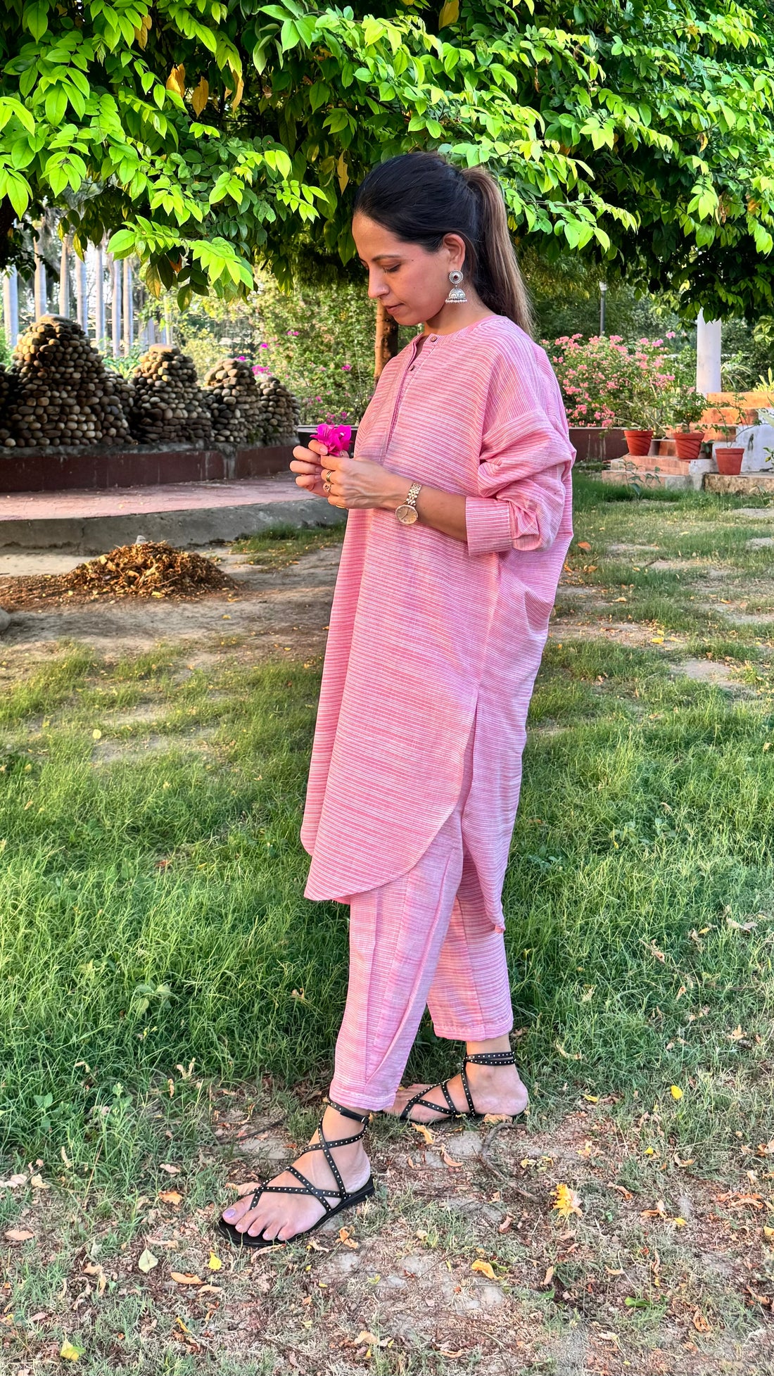 Pink Khadi Oversized Shirt Style Co-ord Set