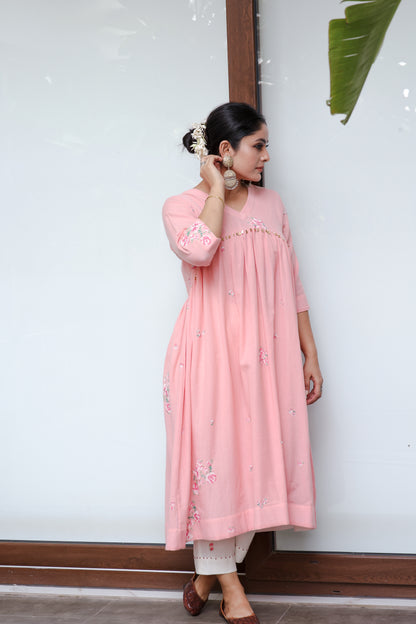 Pink V-neck gathered anarkali bloom kurta