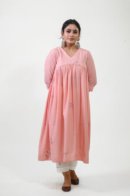 Pink V-neck gathered anarkali bloom kurta