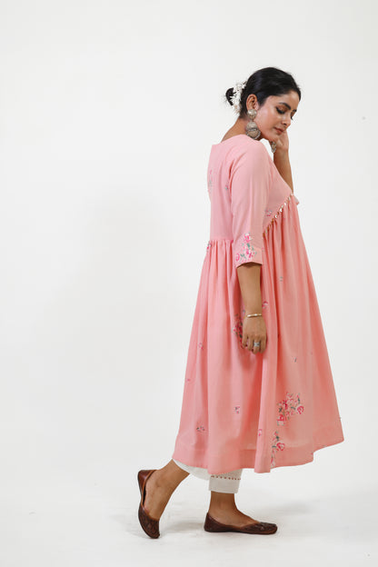 Pink V-neck gathered anarkali bloom kurta