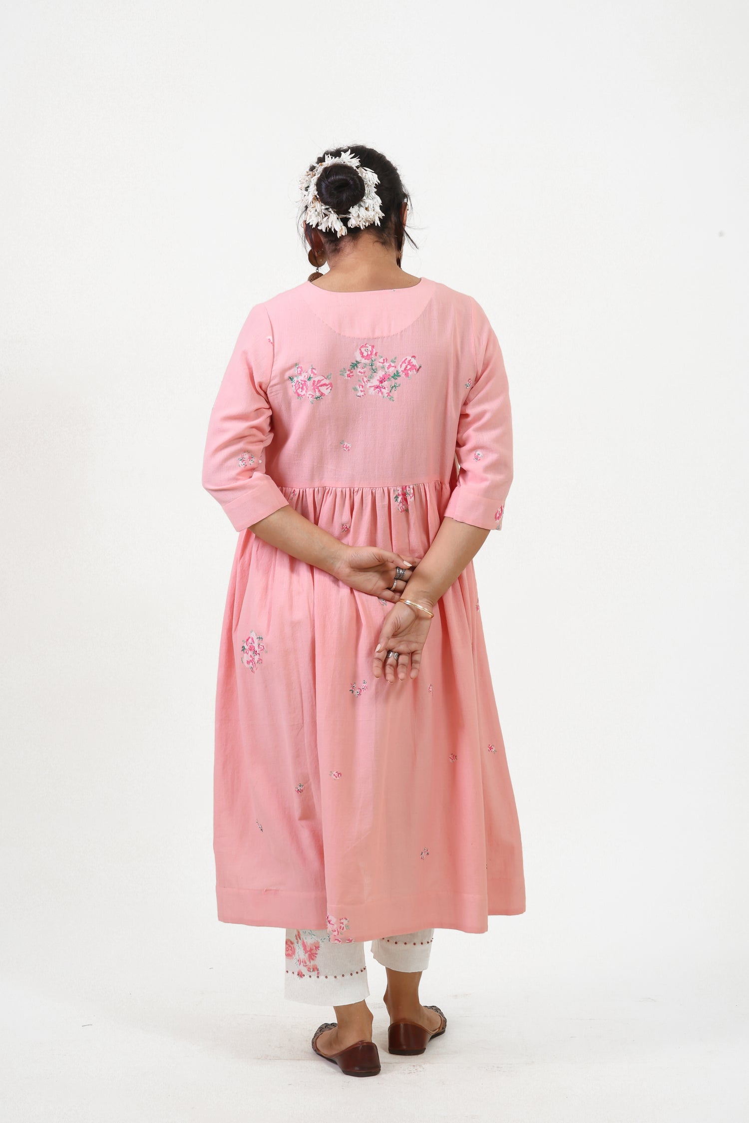 Pink V-neck gathered anarkali bloom kurta