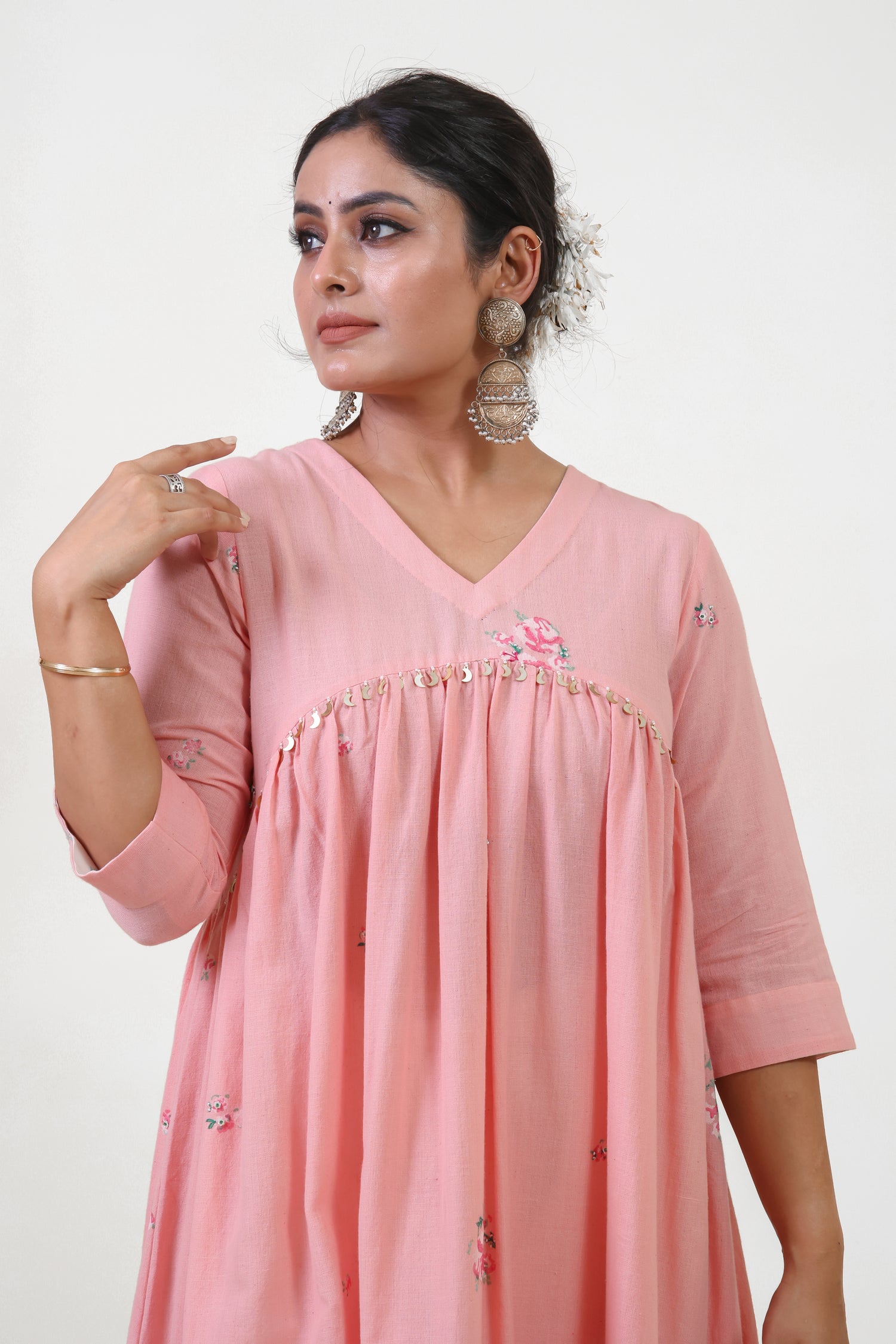 Pink V-neck gathered anarkali bloom kurta