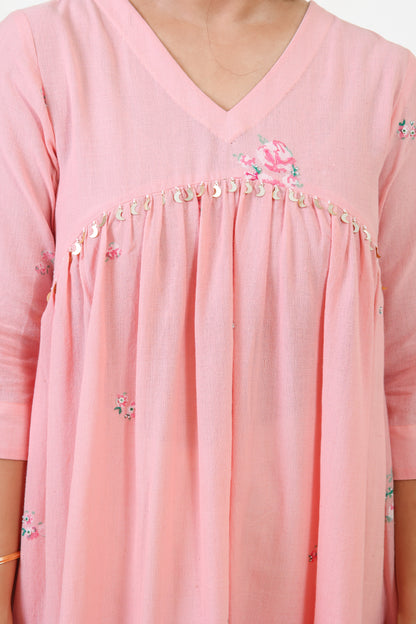 Pink V-neck gathered anarkali bloom kurta