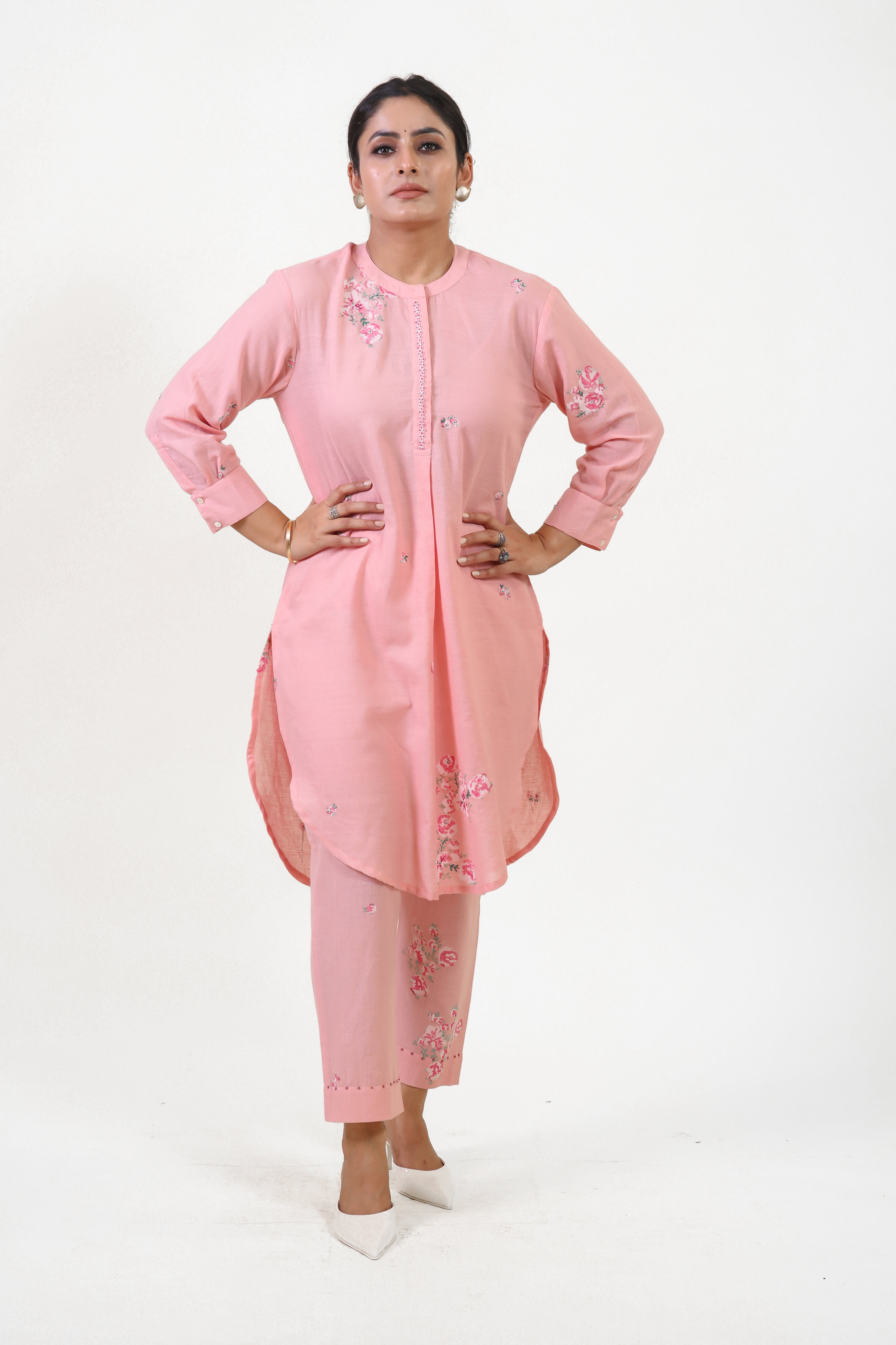 Pink floral drop shoulder bloom kurta