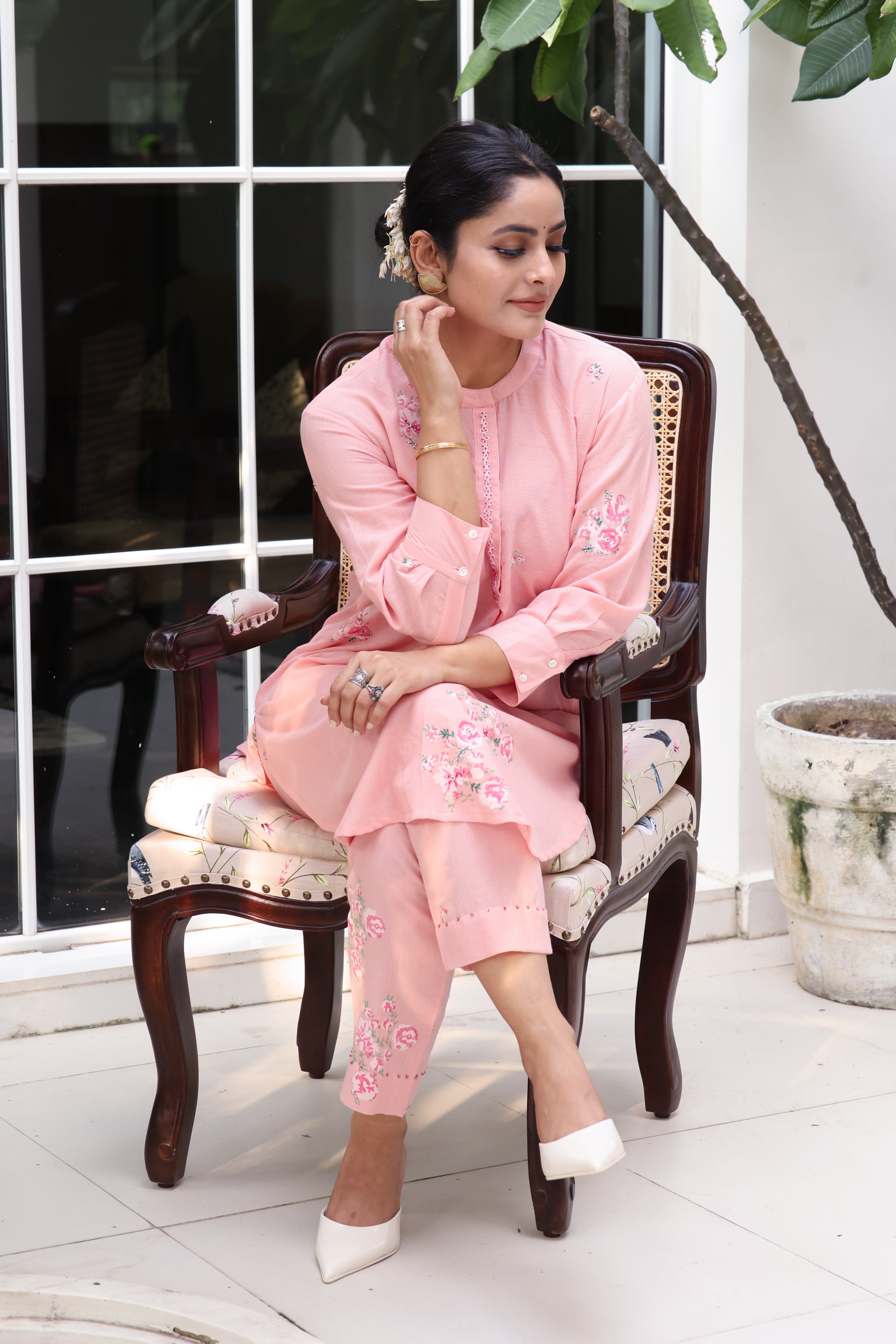 Pink floral drop shoulder bloom kurta