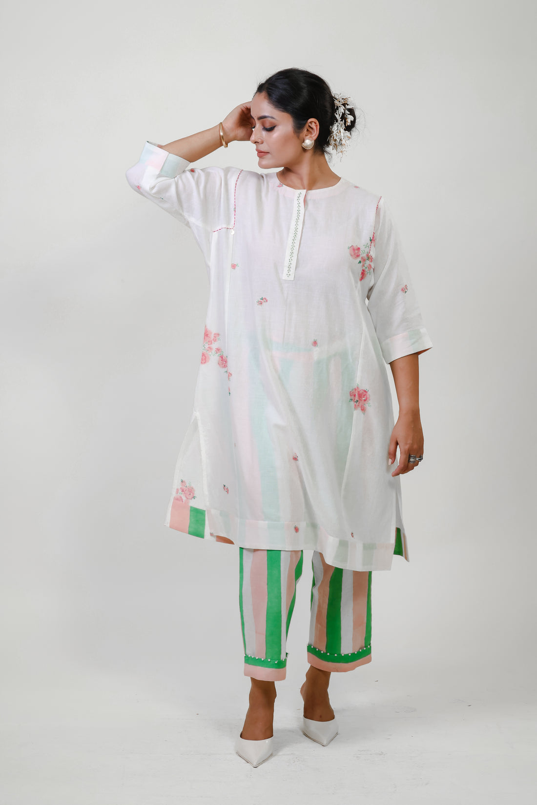 White  floral choga bloom kurta