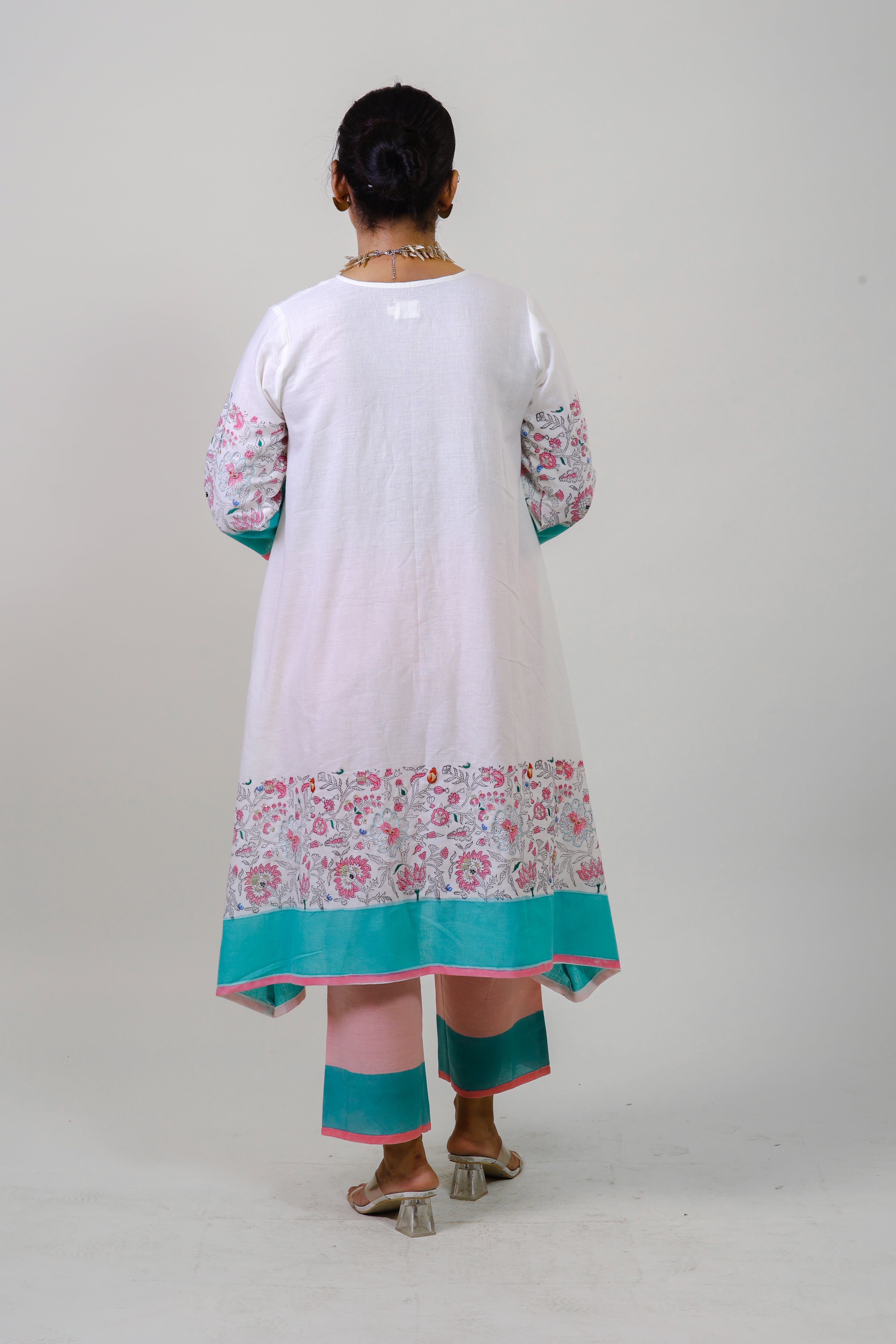 White pintucked printed border bloom kurta