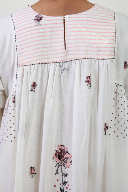 White rose side-gathered bloom kurta